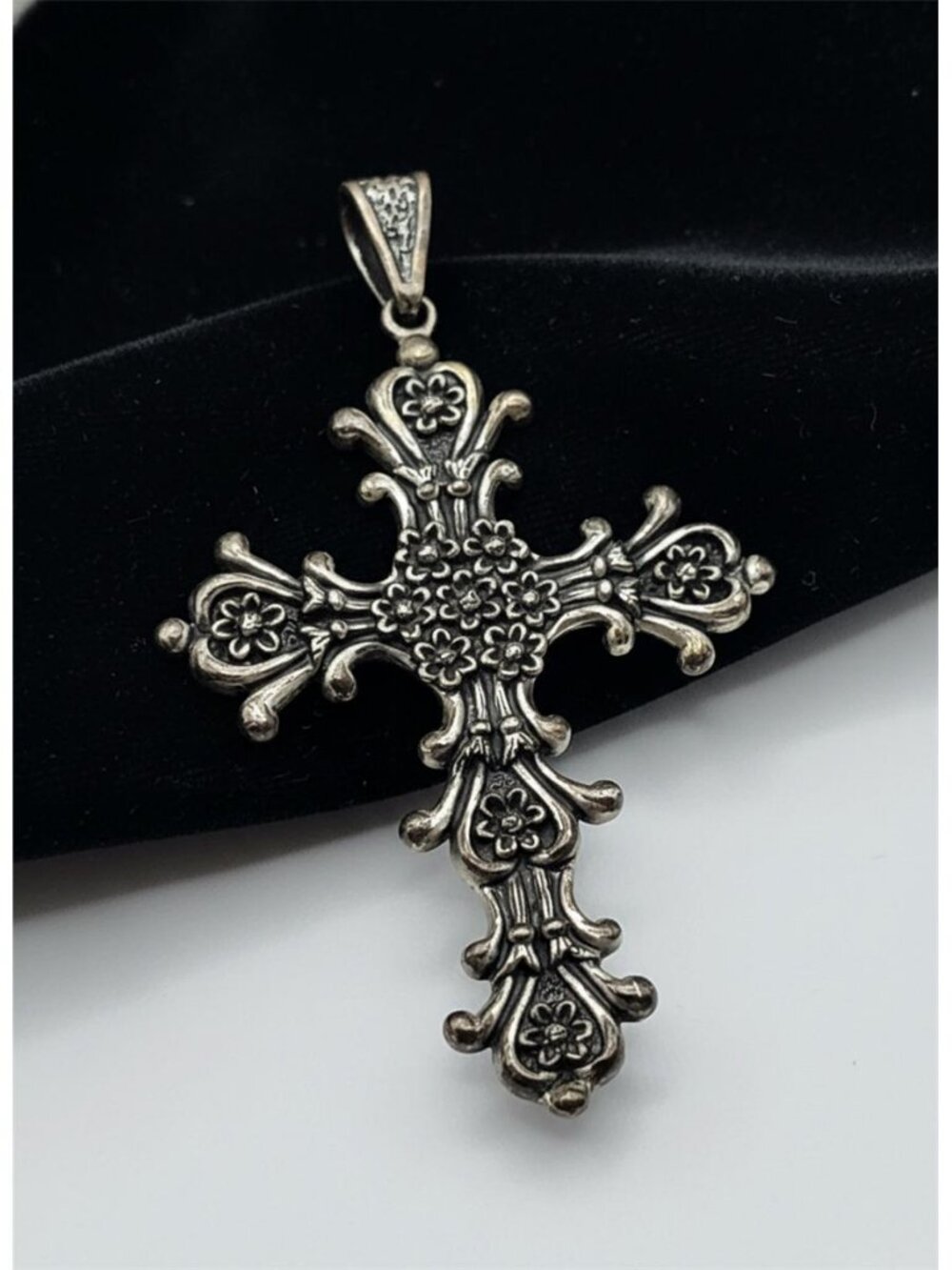 Vintage Mexico 925 Sterling Silver Ornate Floral Cross Pendant 3” Signed T11-90
